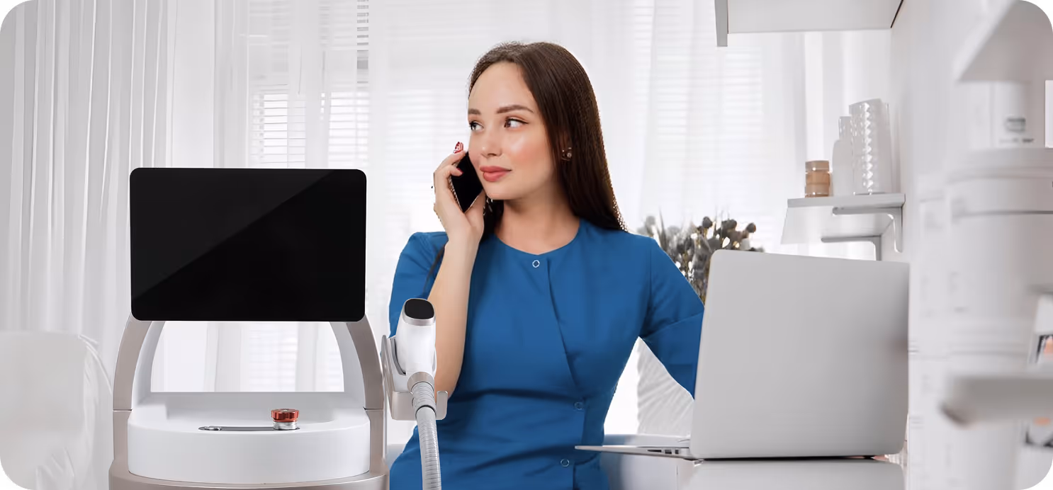 Woman in blue medical scrubs talking on phone in a modern clinical or spa setting with medical equipment and a laptop nearby.