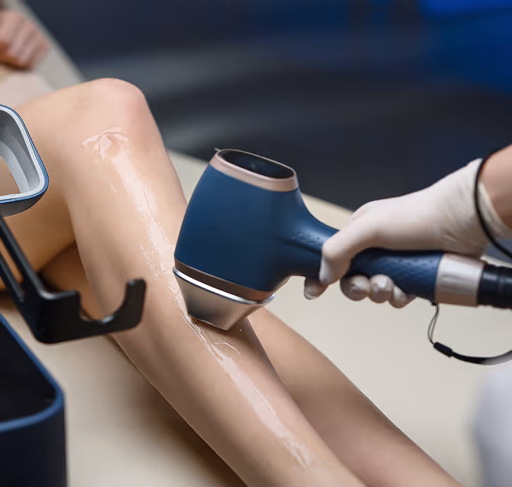 Close-up of a person receiving laser hair removal treatment on the lower leg with a handheld device.
