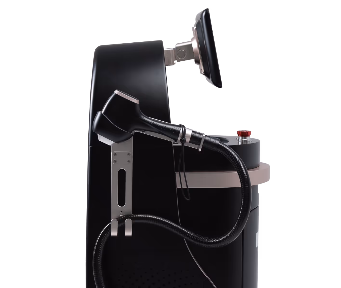 Black medical or cosmetic device with a handheld applicator attached by a coiled cable and a screen mounted on an adjustable arm.