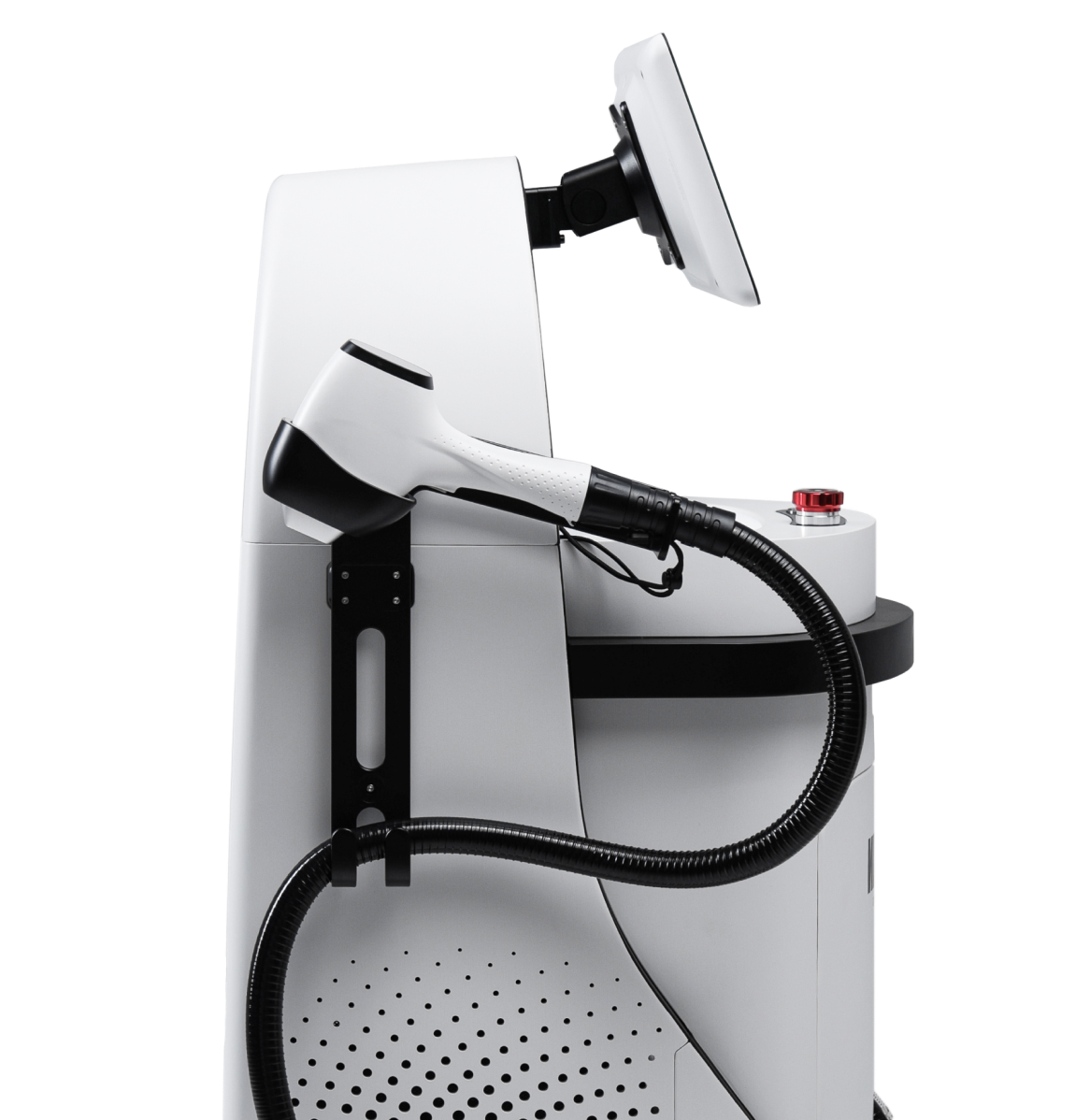 Side view of a white and black professional medical or cosmetic laser machine with an attached handheld device and display screen.