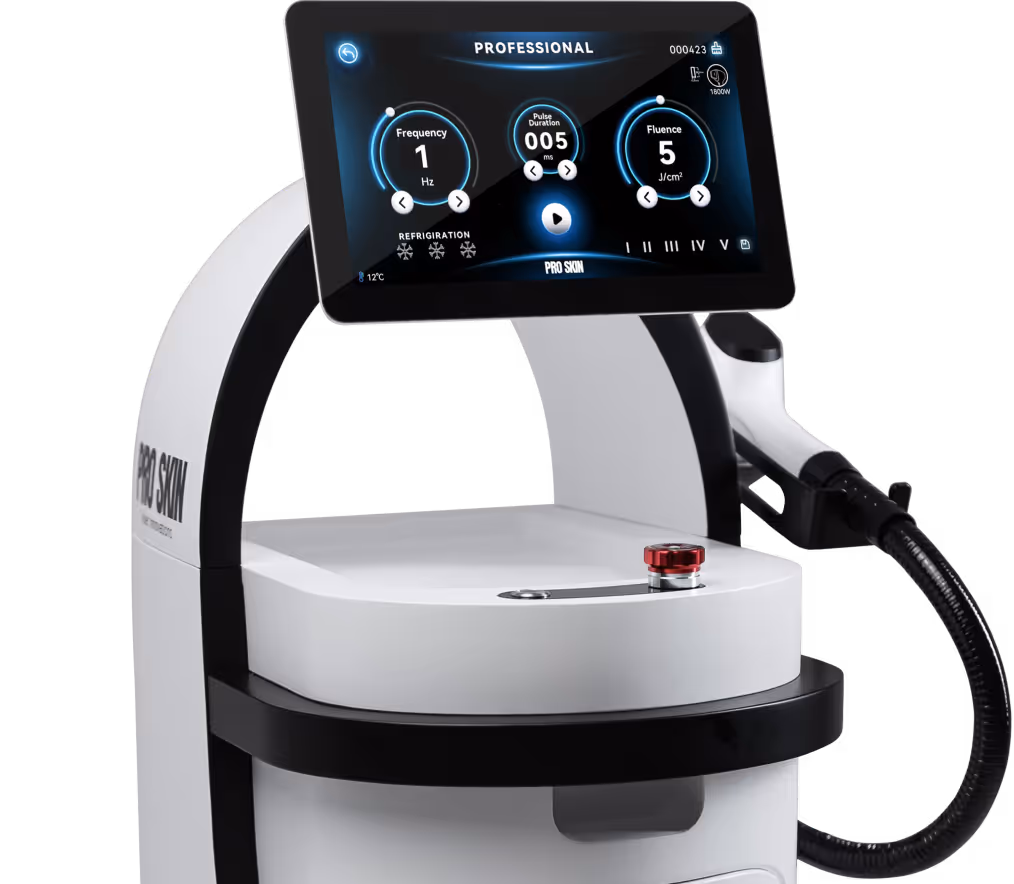 Professional skincare device with a touchscreen displaying settings for frequency, pulse duration, and fluence, featuring a handheld applicator connected by a flexible cable.