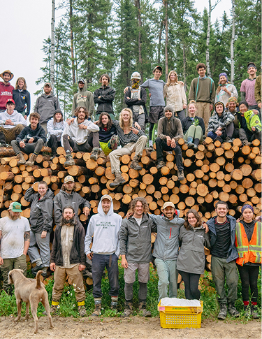 Outland team on stack of logs