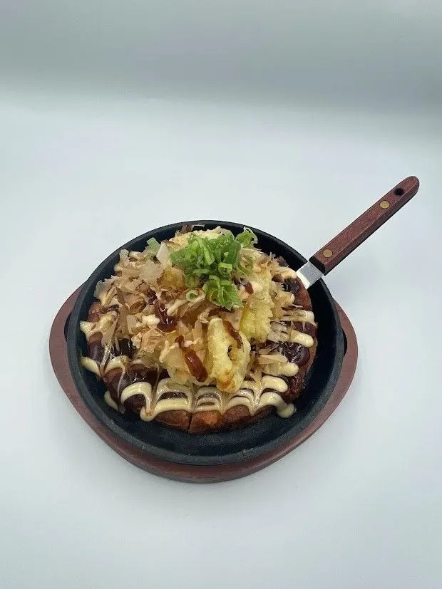 Calamari Okonomiyaki (Japanese Pancake with calamari tempura, Mayo and Okonomi Sauce