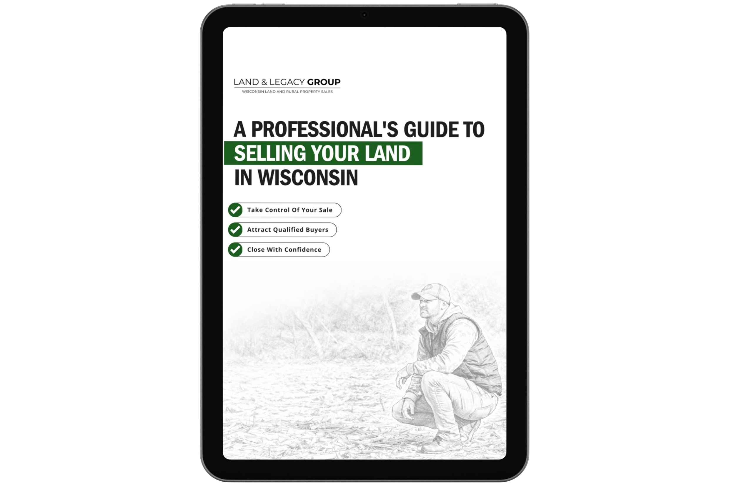 Tablet screen showing a guide titled 'A Professional's Guide to Selling Your Land in Wisconsin' with key benefits listed.