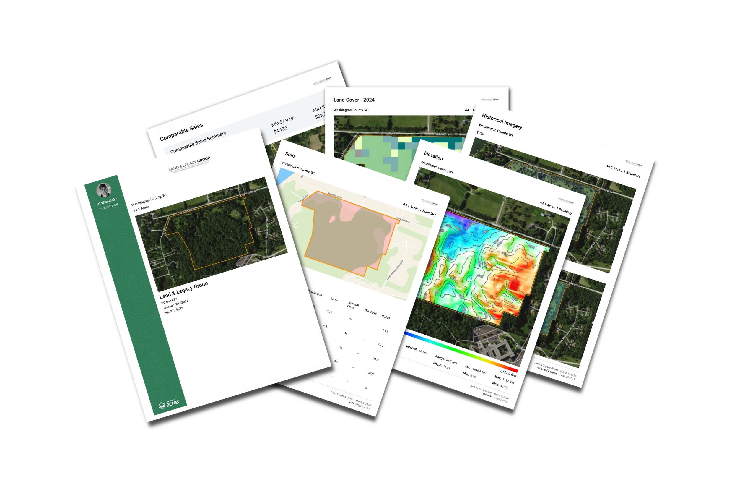 Stack of Wisconsin Property Report pages showing land sales, soil maps, elevation, and historical imagery.