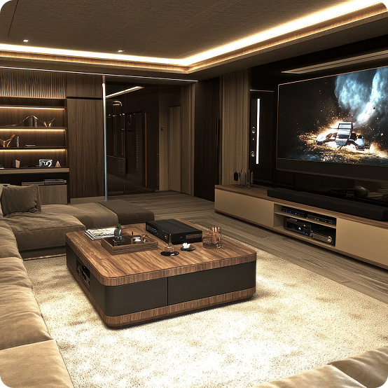 A person interacting with a smart home tablet in a modern living room.