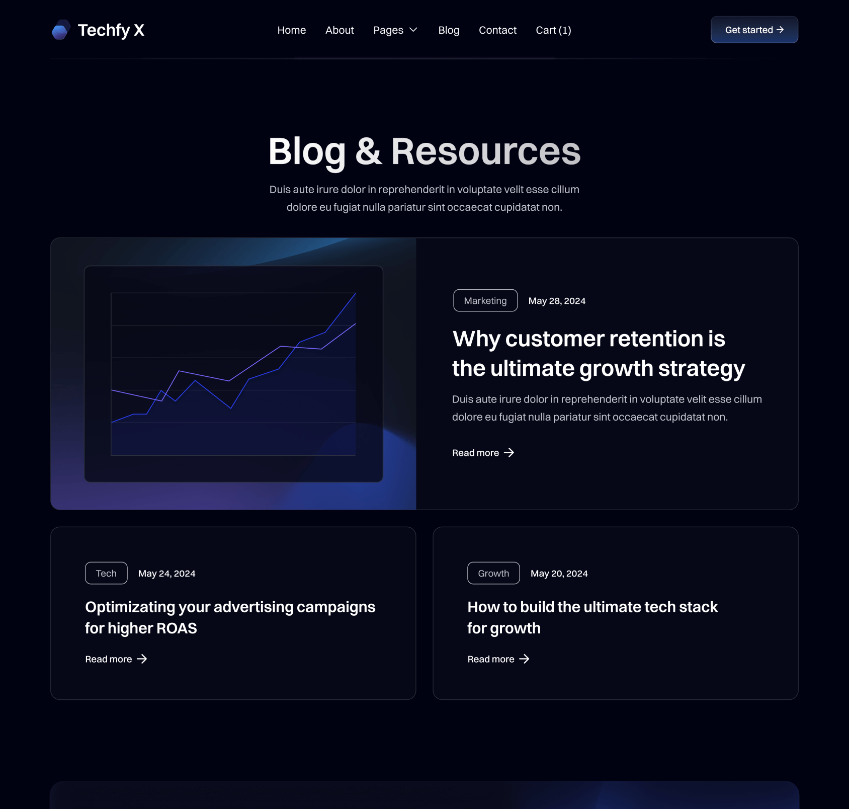 Techfy X - Blog V1 Top Page - Dark Mode Startup Webflow Template