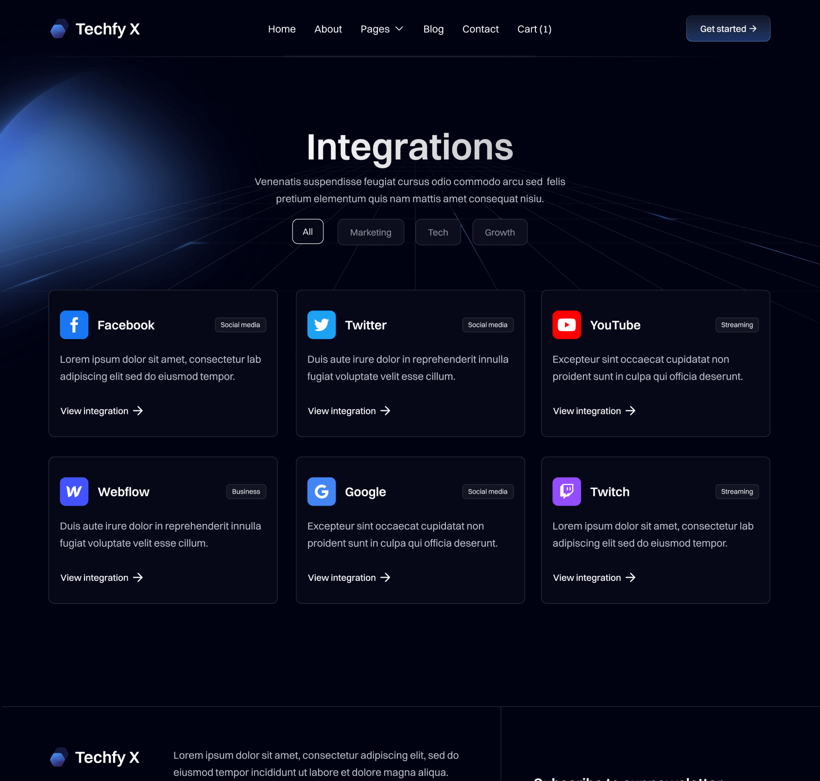Techfy X - Integrations Top Page - Dark Mode Startup Webflow Template