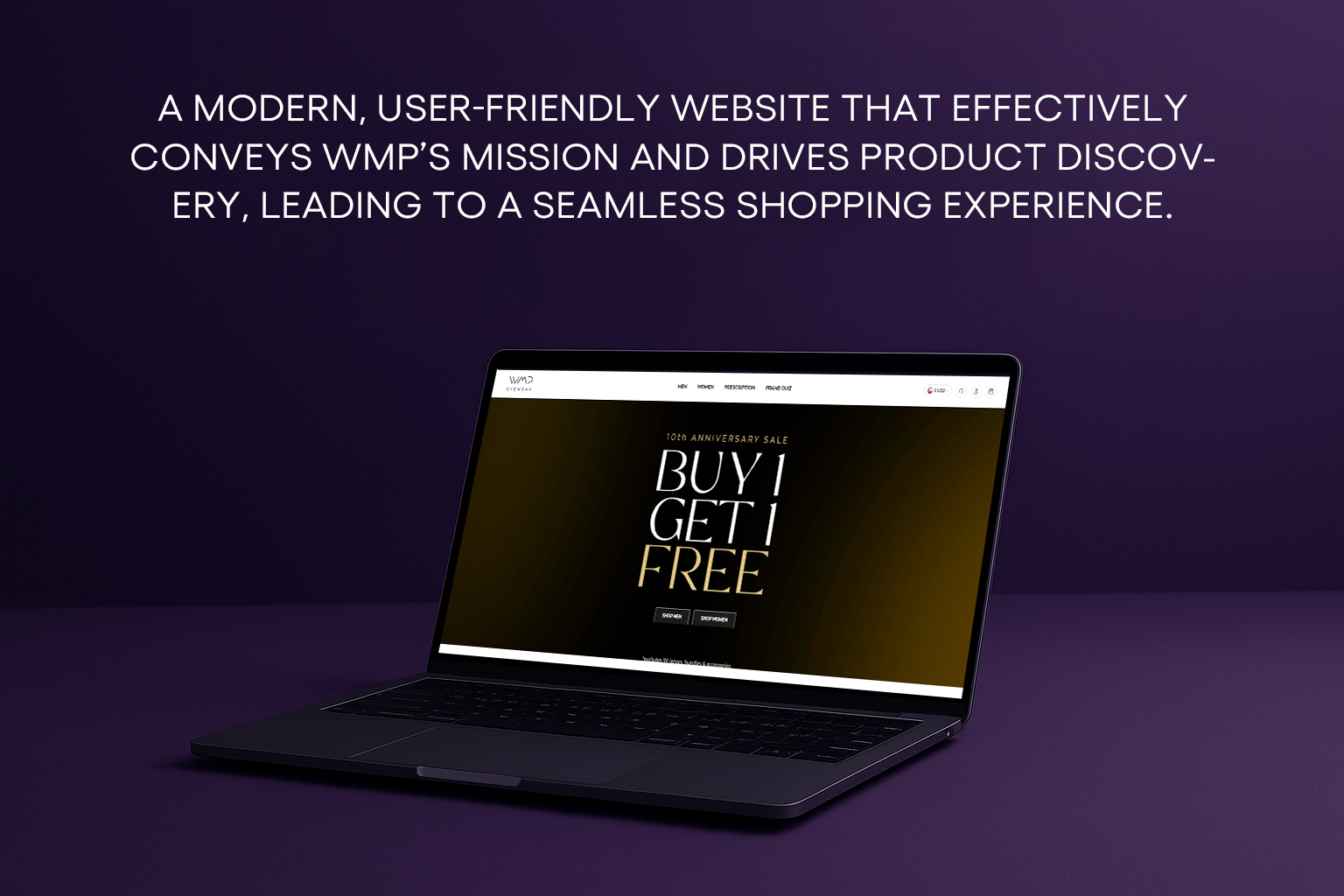 Open laptop on purple surface displaying a website with 10th anniversary sale 'Buy 1 Get 1 Free' promotion against a purple background with white text above describing a modern, user-friendly website.
