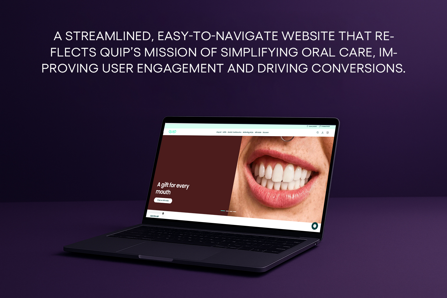 Open laptop on purple surface displaying a website with a smiling mouth and text about simplifying oral care.