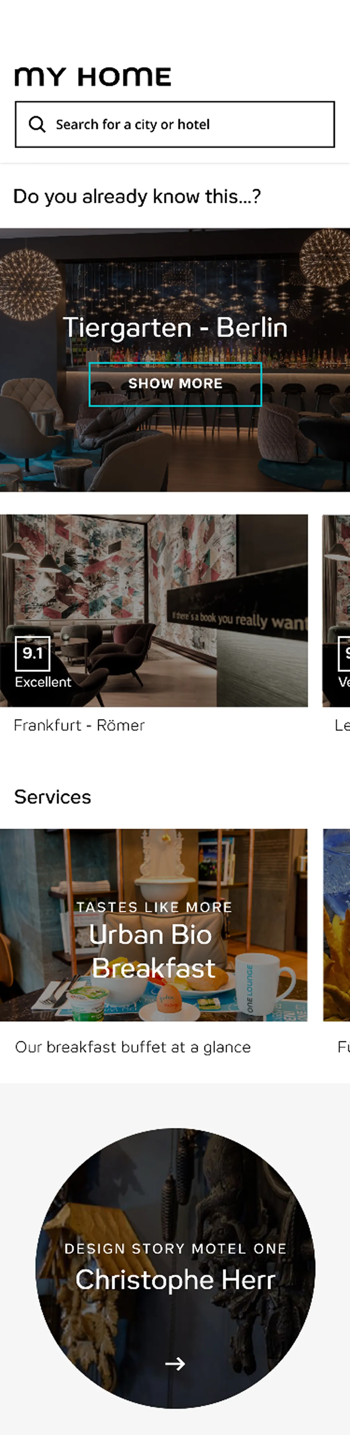 homescreeb within the motel one app showing search bar, hotel recommendations for Tiergarten Berlin and Frankfurt Römer, Urban Bio Breakfast service