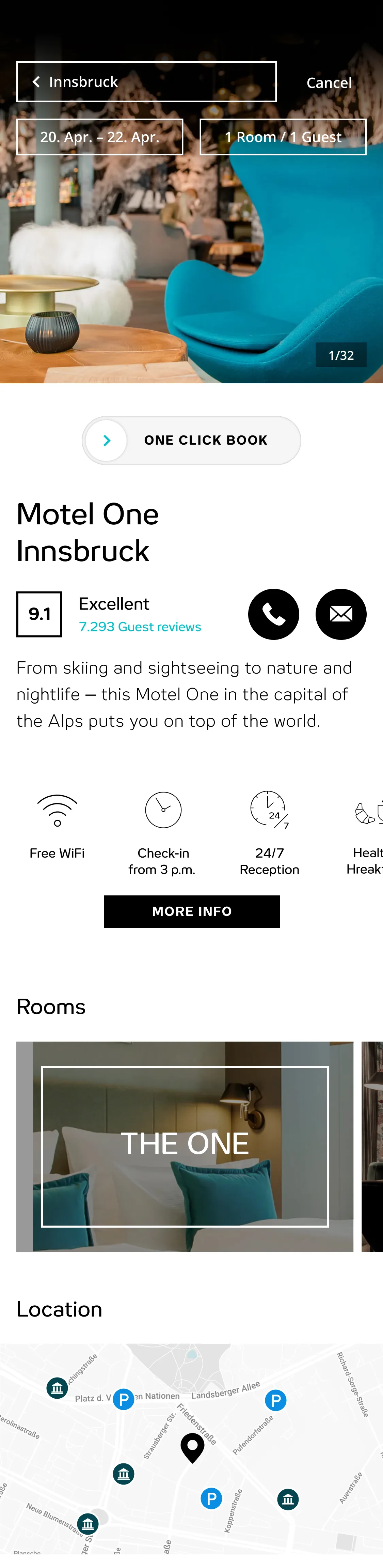 Hotel booking screen showing a modern turquoise chair and white furry seat, with booking details for Motel One Innsbruck, including dates, guest count, rating, amenities, and a location map.