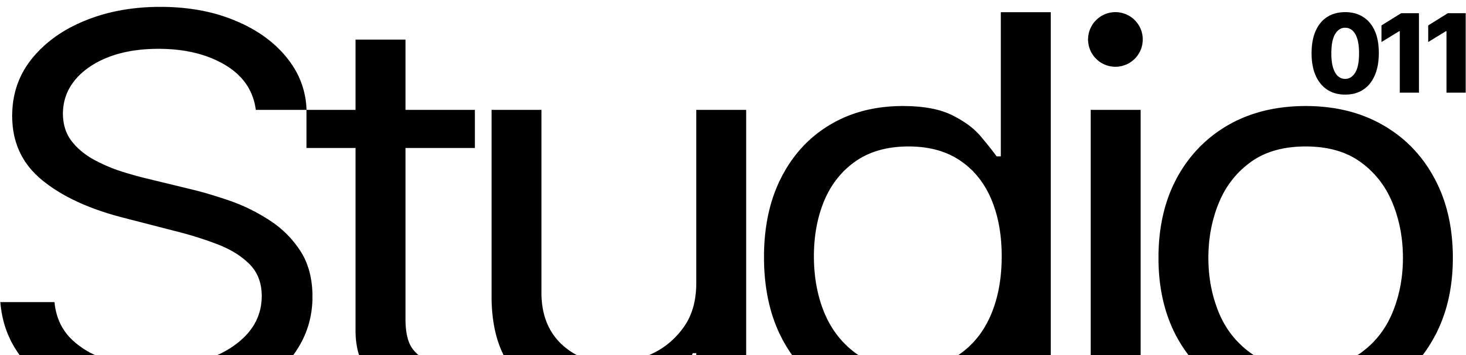 Black monochrome logo on a white background showing a small minimalist wave icon above the word ‘STUDIO’ in uppercase, with ‘011’ aligned to the right and a long handwritten signature-style line underneath.
