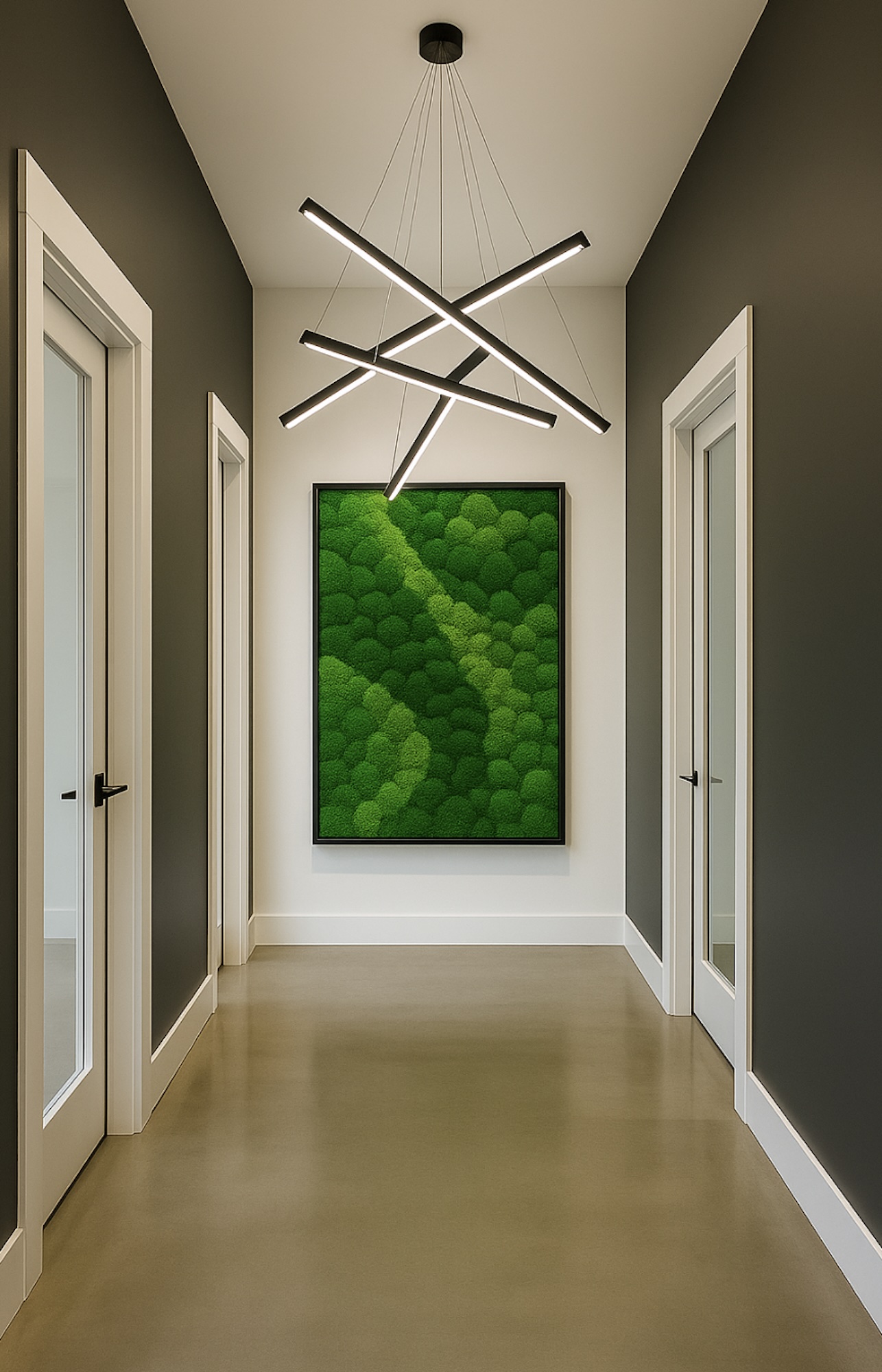 Stylish modern hallway featuring a bold green wall art and unique lighting design in roseville, ca