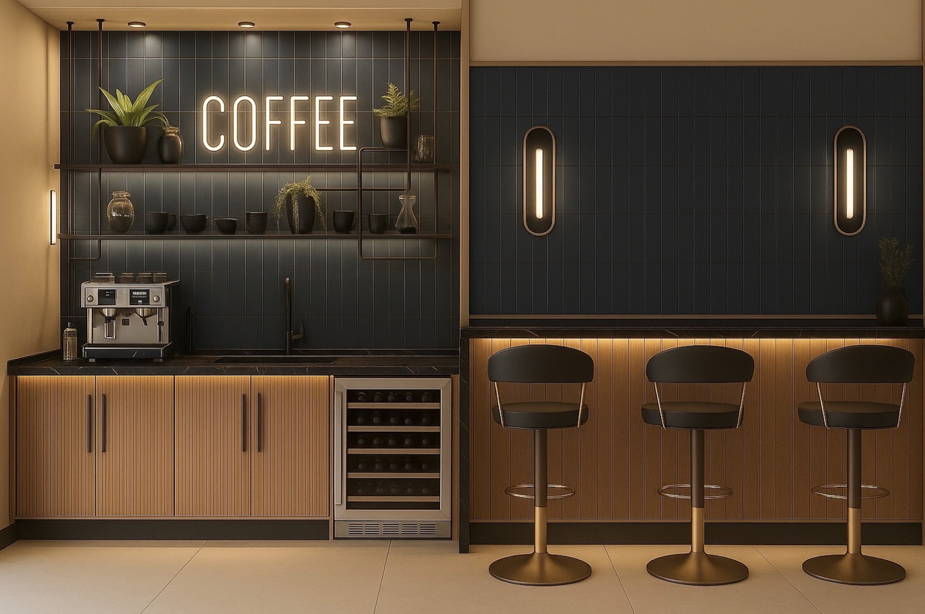 Modern beverage bar with coffee machine and stylish seating in a Roseville, CA design studio.