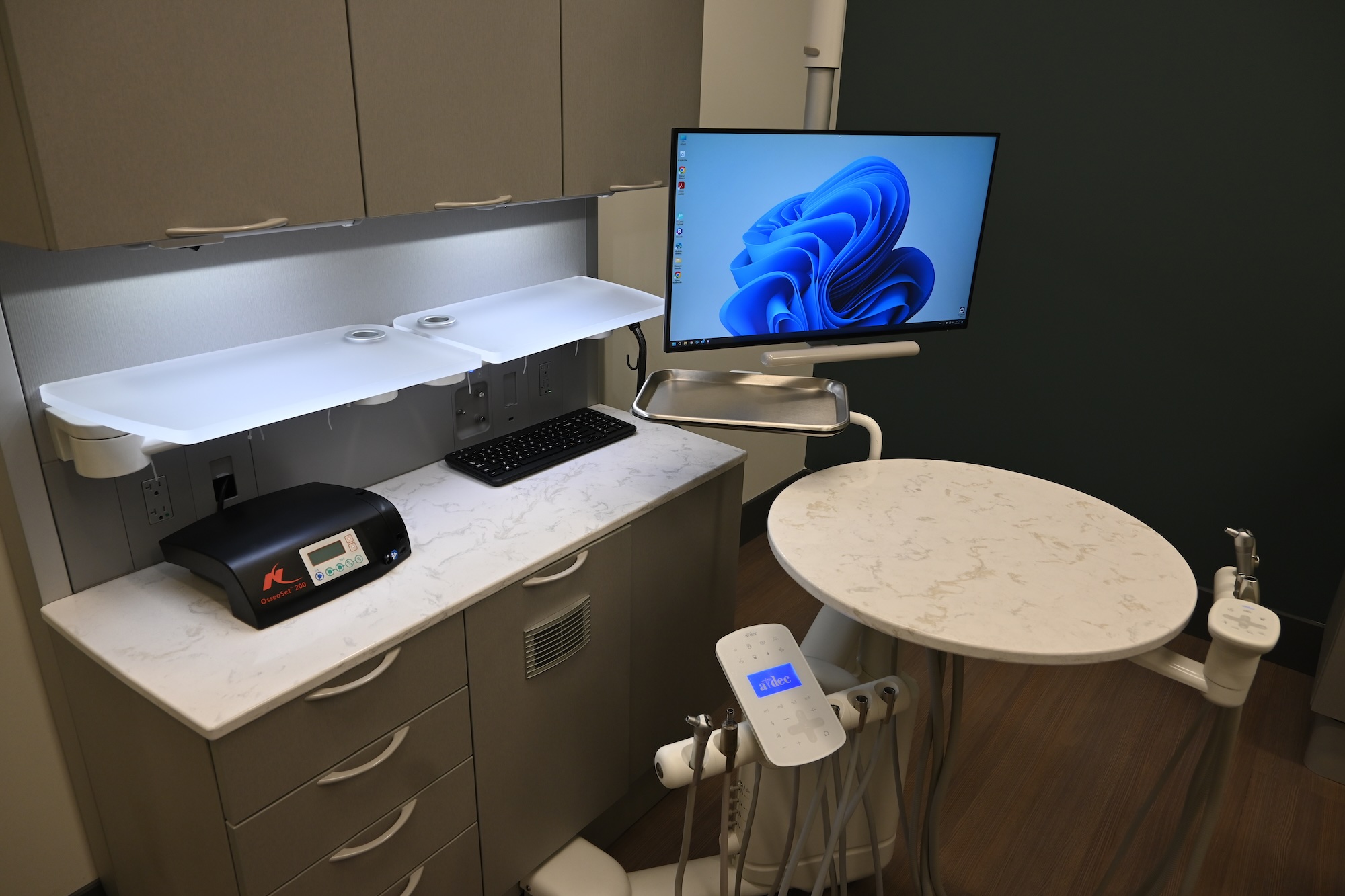 Modern dental office setup in Roseville, CA featuring sleek cabinetry and advanced dental equipment.