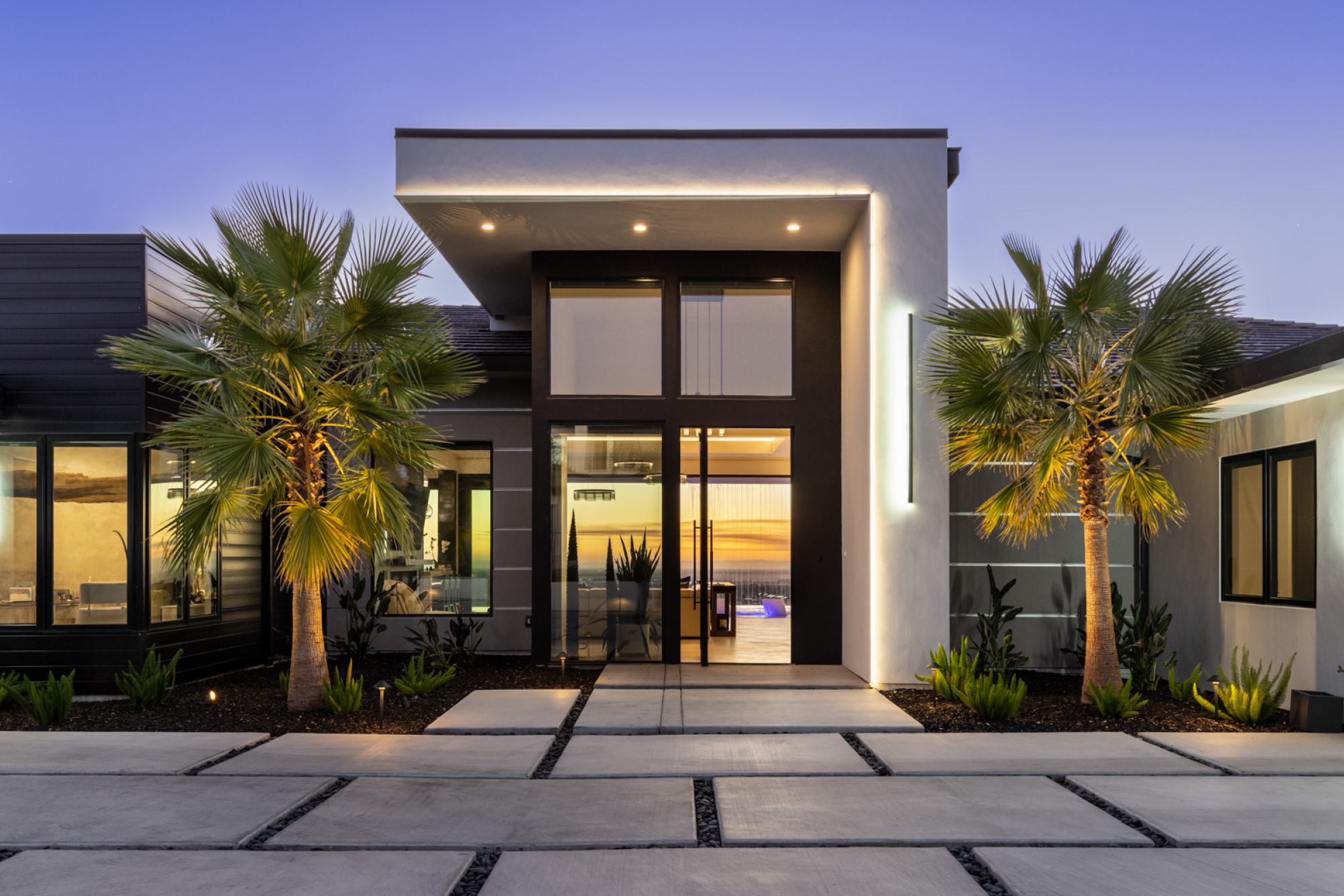 Modern exterior of a home in Lincoln, CA with palm trees and contemporary design features including large windows and a sleek entrance.
