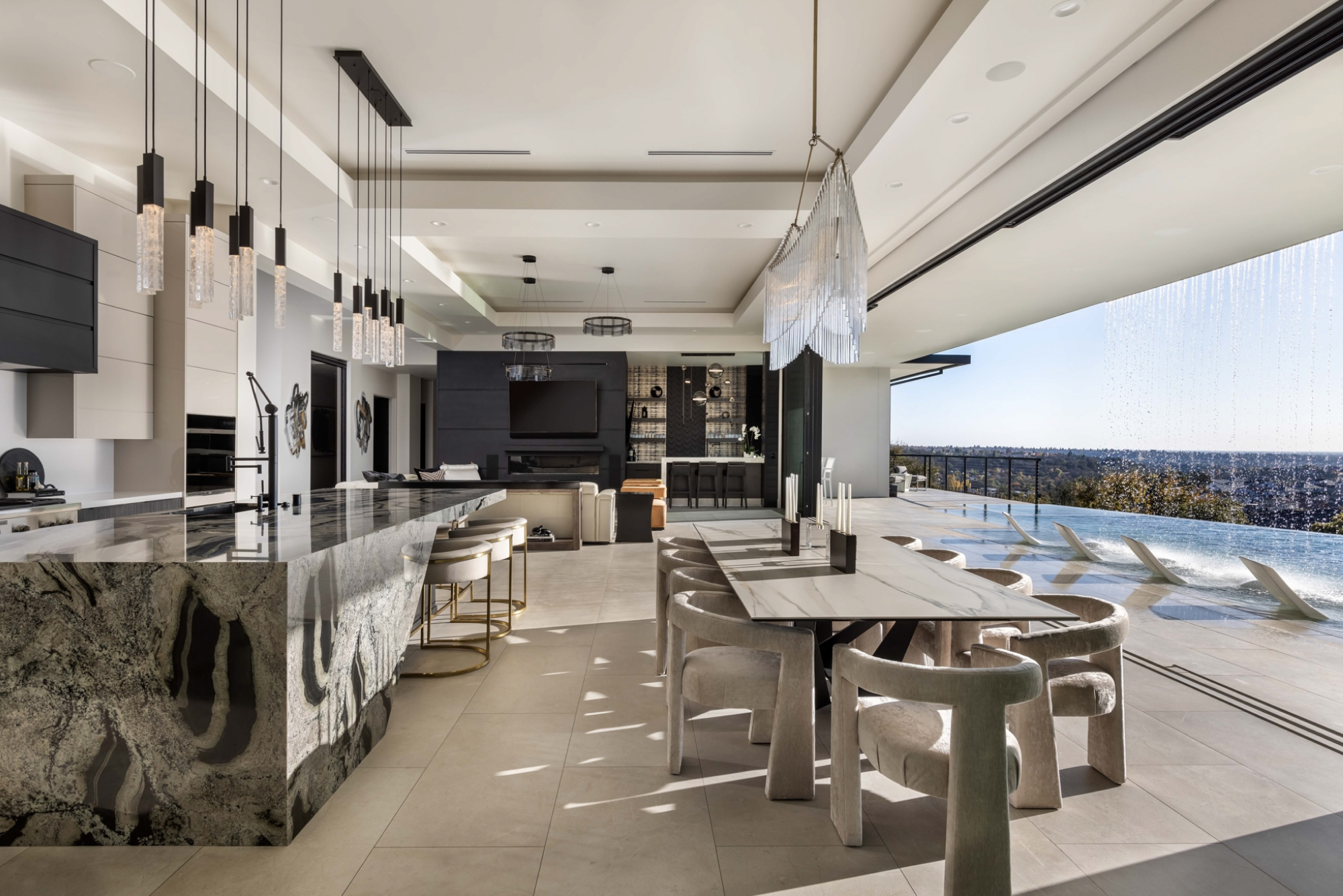 Modern kitchen and dining area featuring elegant furniture and a stunning view in Lincoln, CA.