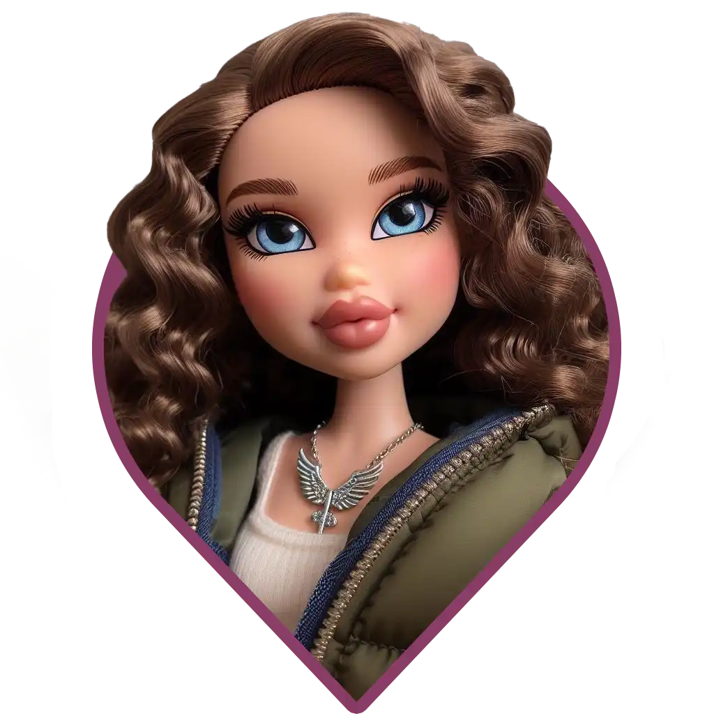 Portrait shot of a stylized female Bratz doll with brown curly hair, and blue eyes. She is wearing a olive coloured puffy jacket and an angel winged necklace.
