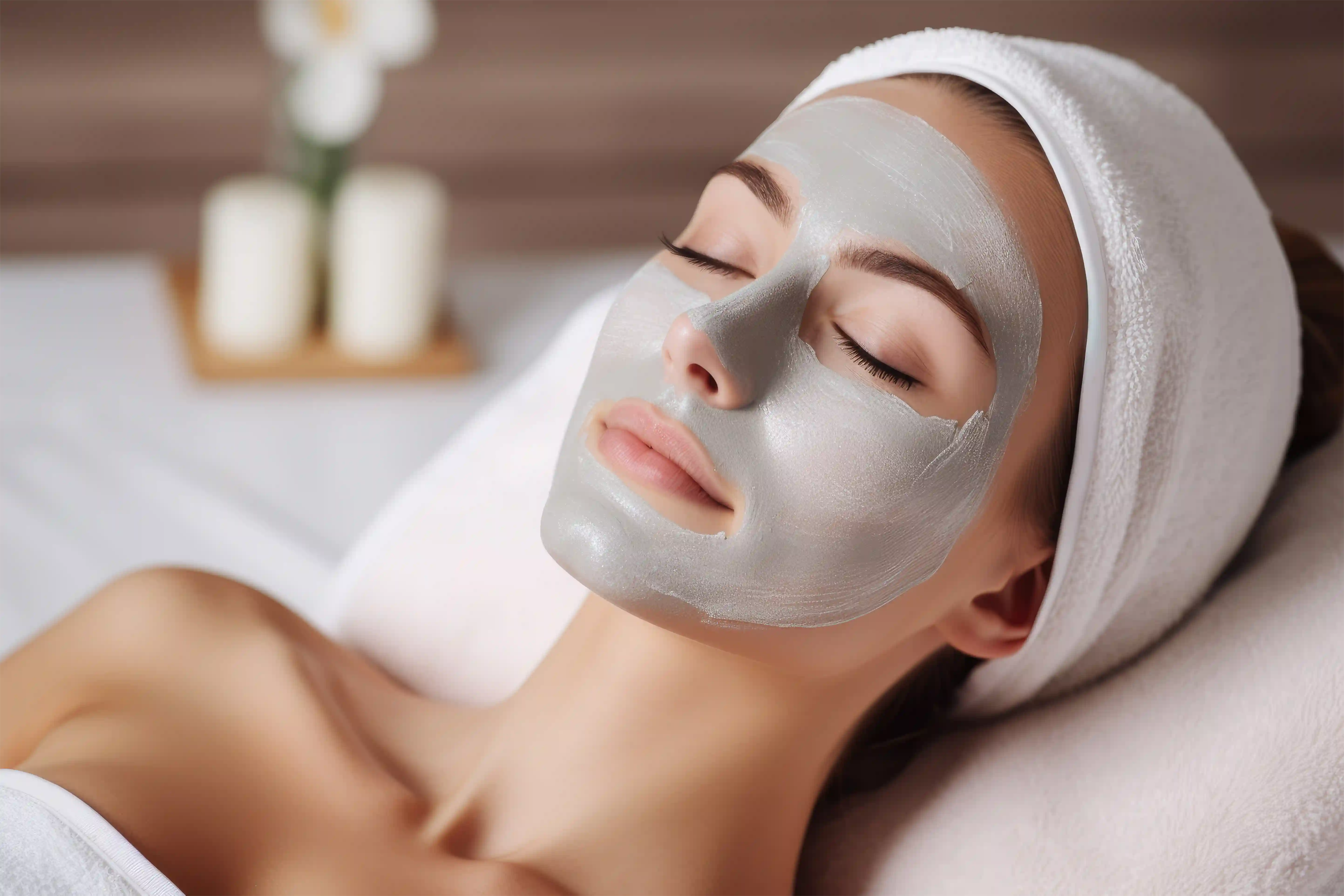A beautiful woman laying down in a spa. She has a green facial mask on.