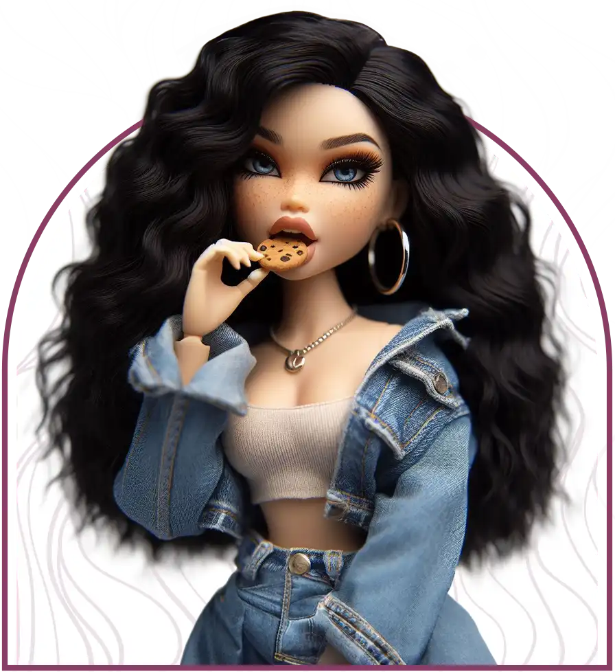 A Braltz doll with White skin, jet black hairl, freckles, and blue eyes eating a cookie.