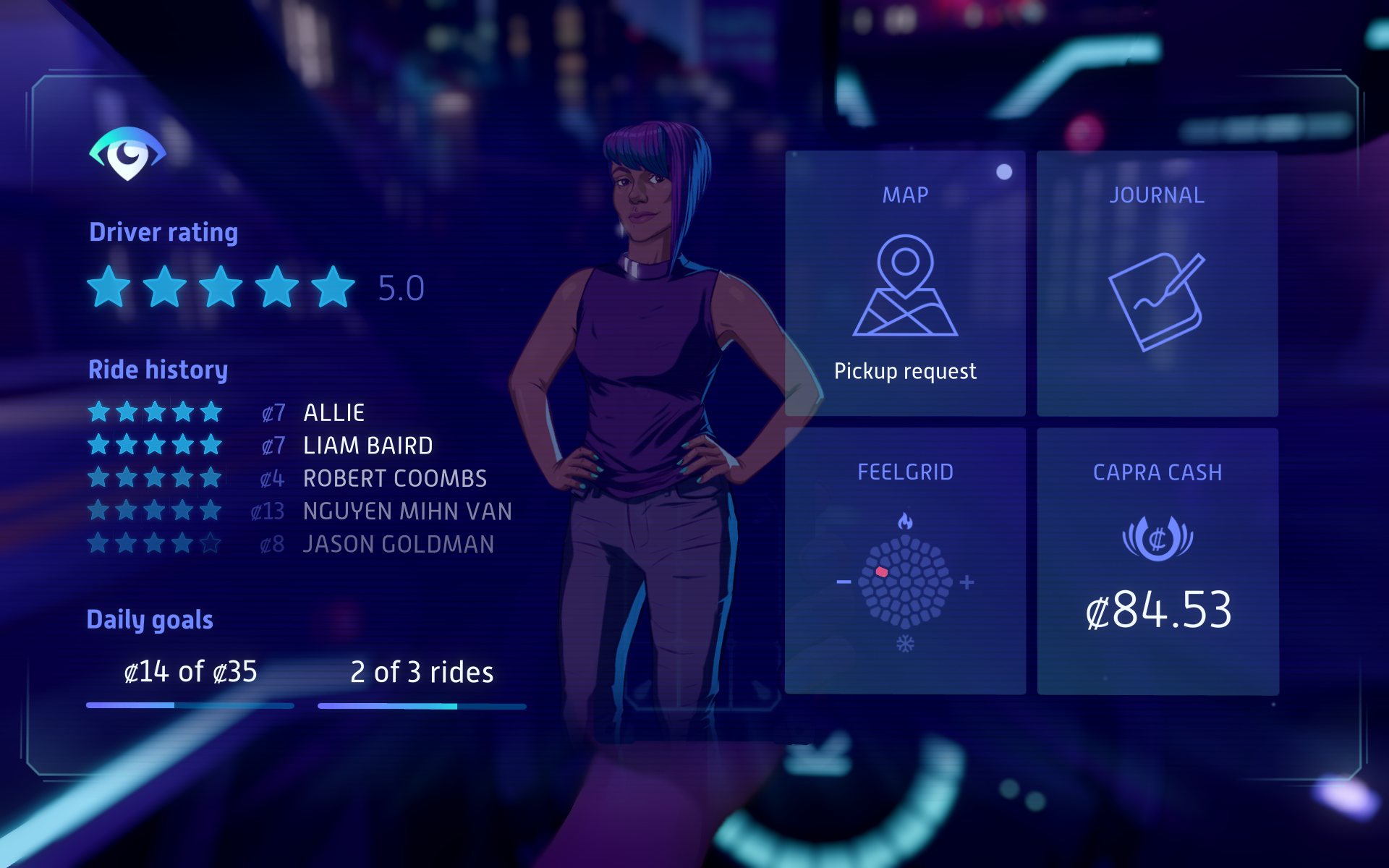 An animated HUD from Neo Cab. It shows a line animating from one emotional state to another.
