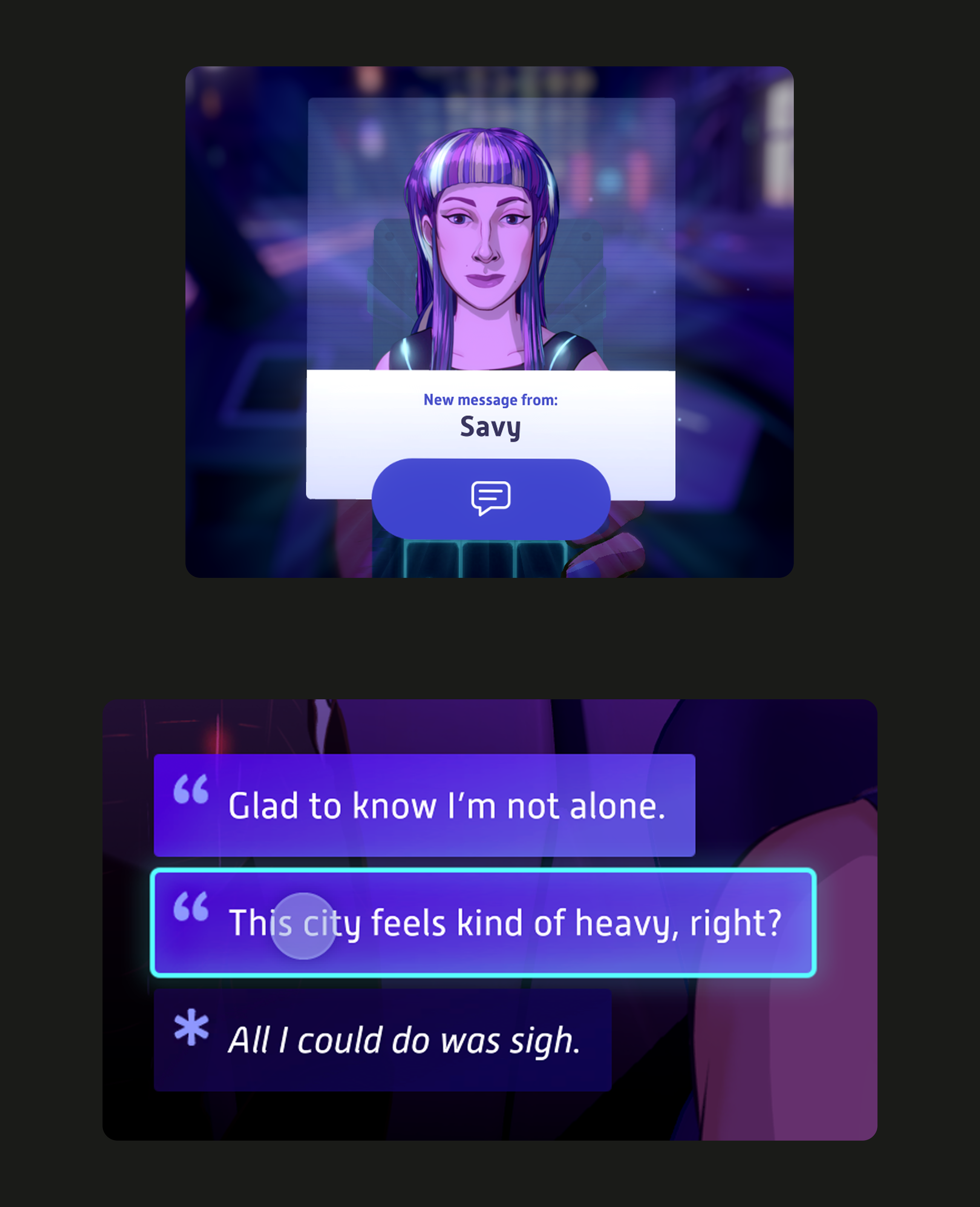 One mock that displays messaging UI, and another that displays choice buttons with dialogue options.