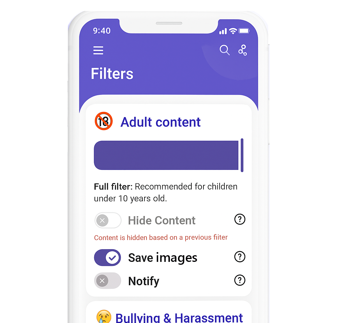 Phone showing adult content filters
