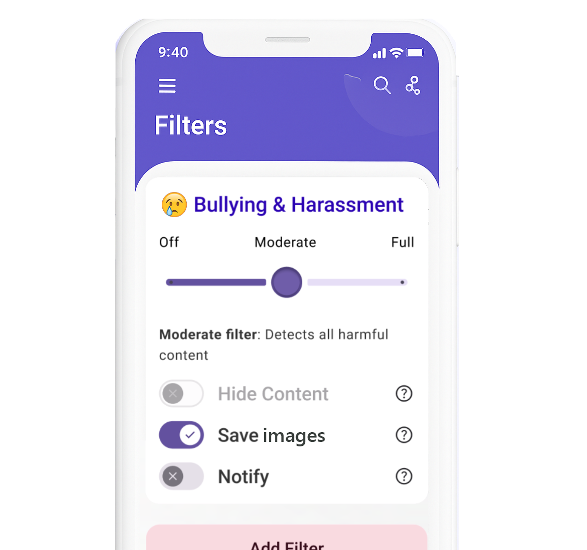 Phone showing bullying and harassment filters