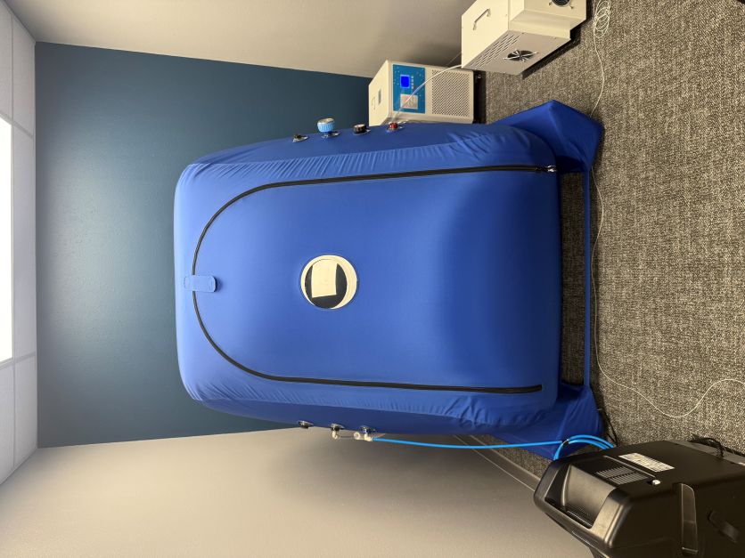 A view of our vertical, soft-sided hyperbaric chamber fully inflated to 1.3 ata.