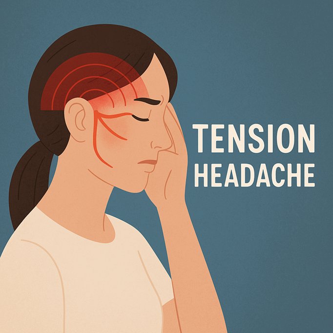 Woman with her hand on the side of her head with a tension headache.