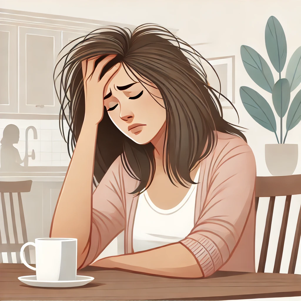 Woman looking visibly frustrated with her head resting on her hand while sitting at the kitchen table with her morning coffee.