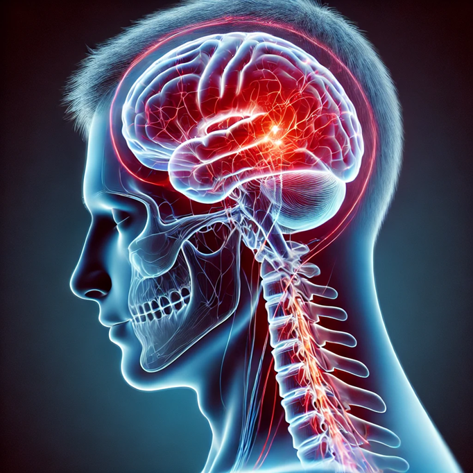 A see through image of the side profile of a man with the brain lit up in red like it is in pain.