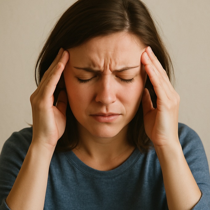 Woman with her head in her hands clearly in discomfort from a migraine.