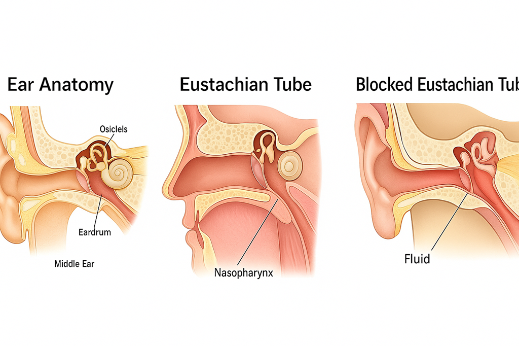 Three side-view medical illustrations of the human ear: normal ear anatomy showing the ossicles, eardrum, and middle ear; eustachian tube connecting the middle ear to the nasopharynx; and a blocked eustachian tube with fluid in the middle ear.