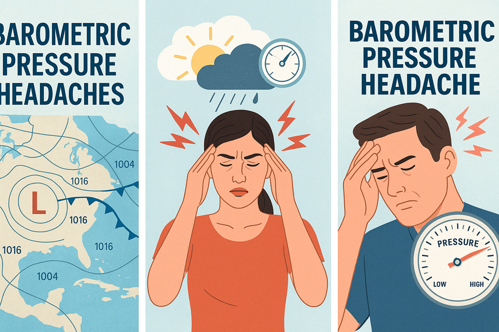 Illustration showing barometric pressure headaches with a weather map and two people holding their heads in pain under changing weather conditions and pressure gauges.