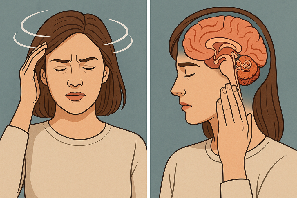 Illustration of a woman experiencing dizziness with swirling lines around her head on the left, and a side view showing the brain and inner ear on the right.