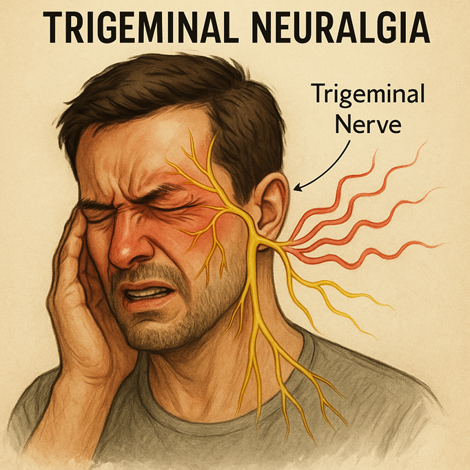 Illustration of a man grimacing in pain holding his temple, with highlighted trigeminal nerve in yellow on his face indicating trigeminal neuralgia.