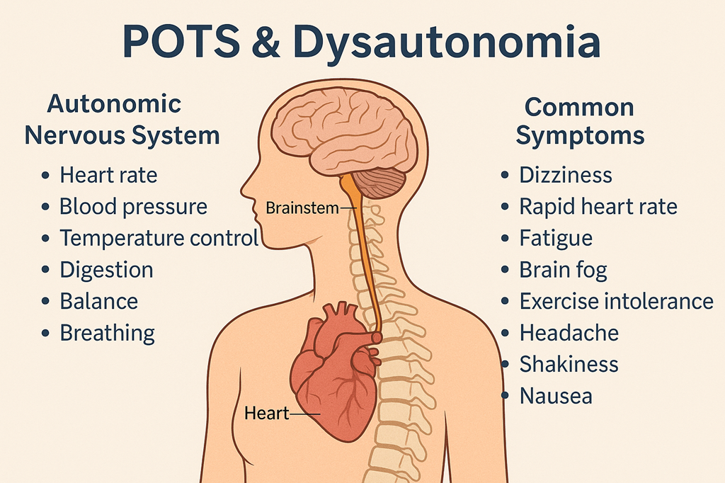Illustration of a human upper body showing brain, brainstem, spinal cord, and heart with text listing autonomic nervous system functions and common POTS symptoms.