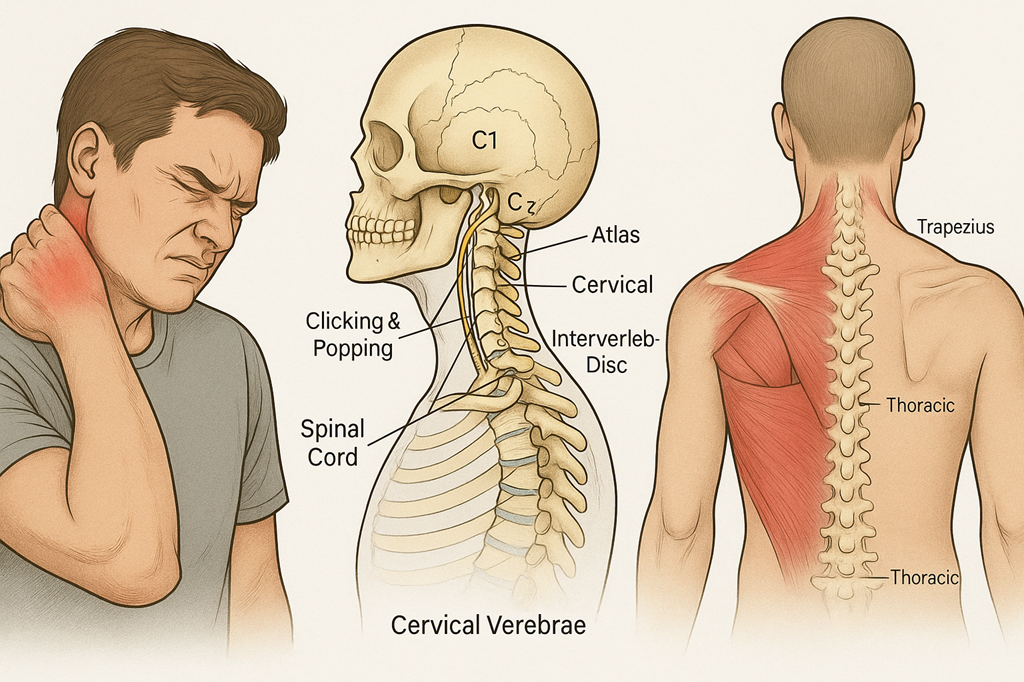 Illustration showing a man with neck pain on the left, a labeled diagram of the cervical vertebrae, spinal cord, and intervertebral discs in the center, and the back muscles including trapezius and thoracic spine on the right.
