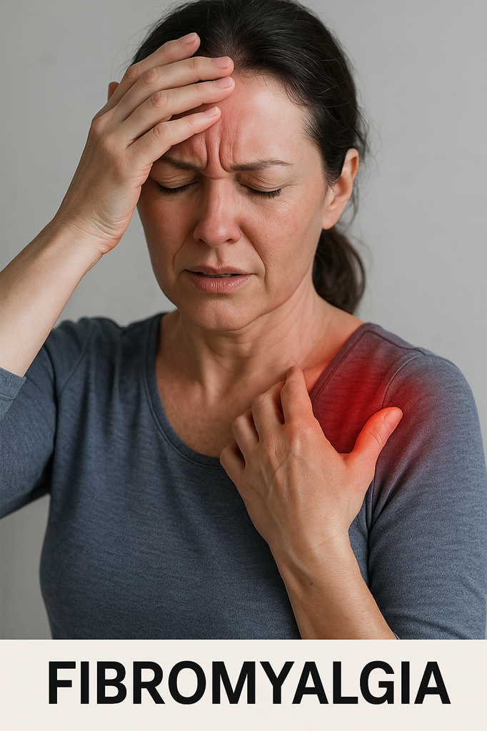 Woman with closed eyes holding her forehead and shoulder, showing pain with red highlight on shoulder, with text 'FIBROMYALGIA' below.
