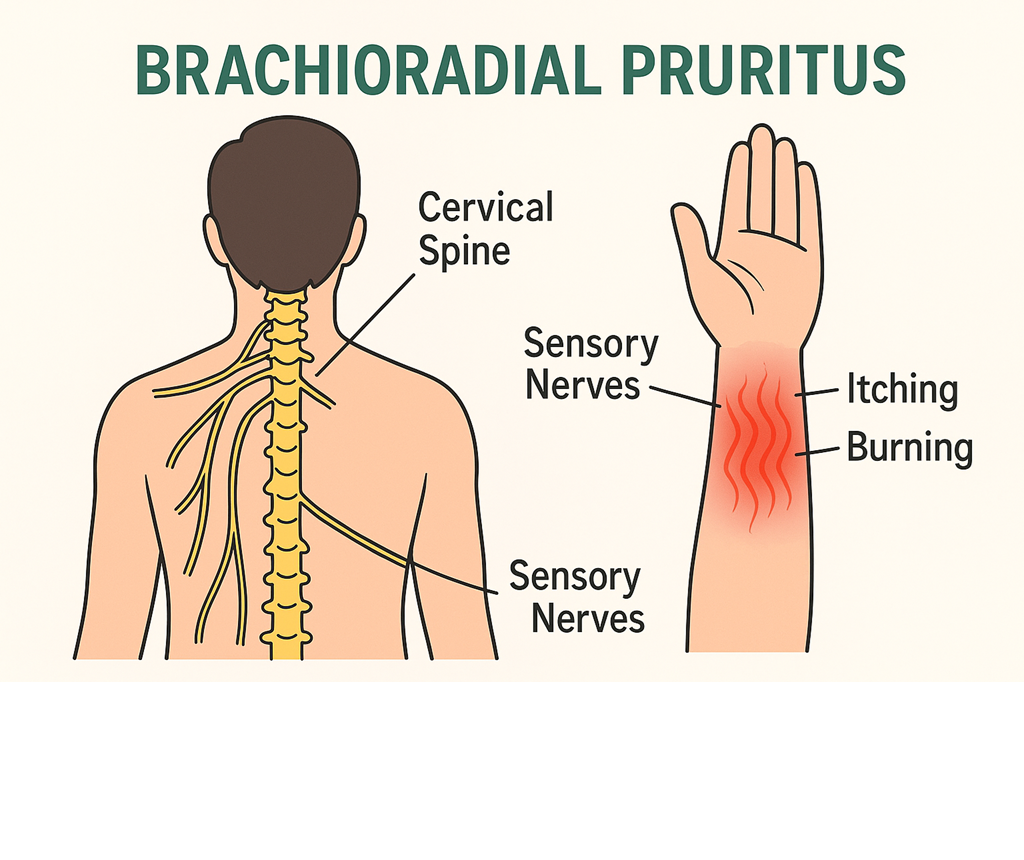 Diagram showing brachioradial pruritus with cervical spine nerves leading to the forearm, highlighting itching and burning sensations on the forearm.