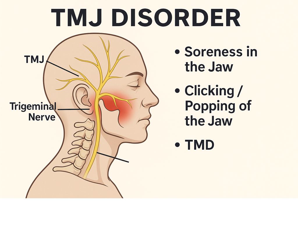 Diagram showing TMJ (temporomandibular joint) and trigeminal nerve in a human head with red highlighting around the jaw area indicating pain, alongside symptoms listed: soreness in the jaw, clicking/popping of the jaw, TMD.