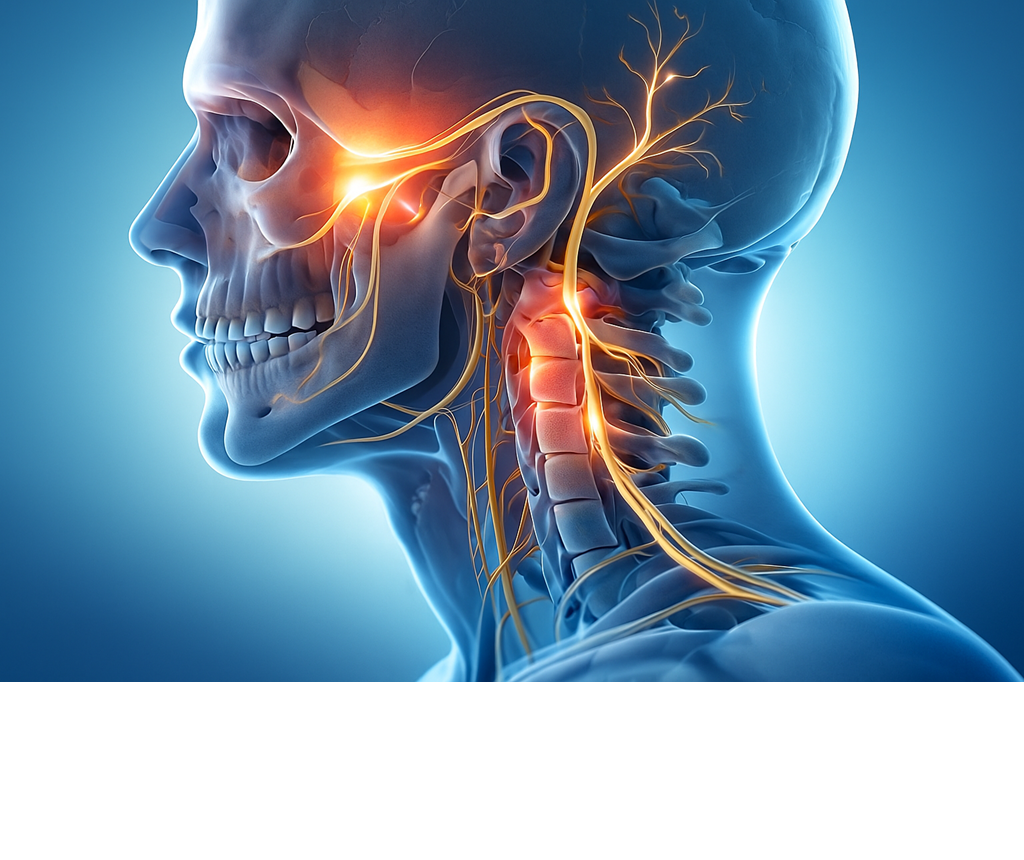 3D medical illustration of a skull and neck showing the trigeminal nerve and upper cervical spinal nerves highlighted in orange.
