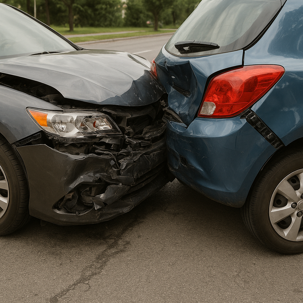 Rear-end car accident showing the front of a damaged vehicle crashed into the back of another car, illustrating impact forces that commonly lead to whiplash and neck injuries.