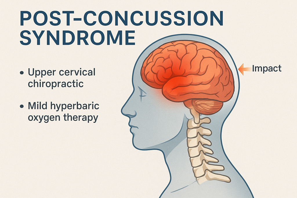 Illustration of a side profile of a human head and upper spine highlighting the brain in red with an arrow labeled Impact, alongside text listing treatments for post-concussion syndrome: Upper cervical chiropractic and Mild hyperbaric oxygen therapy.
