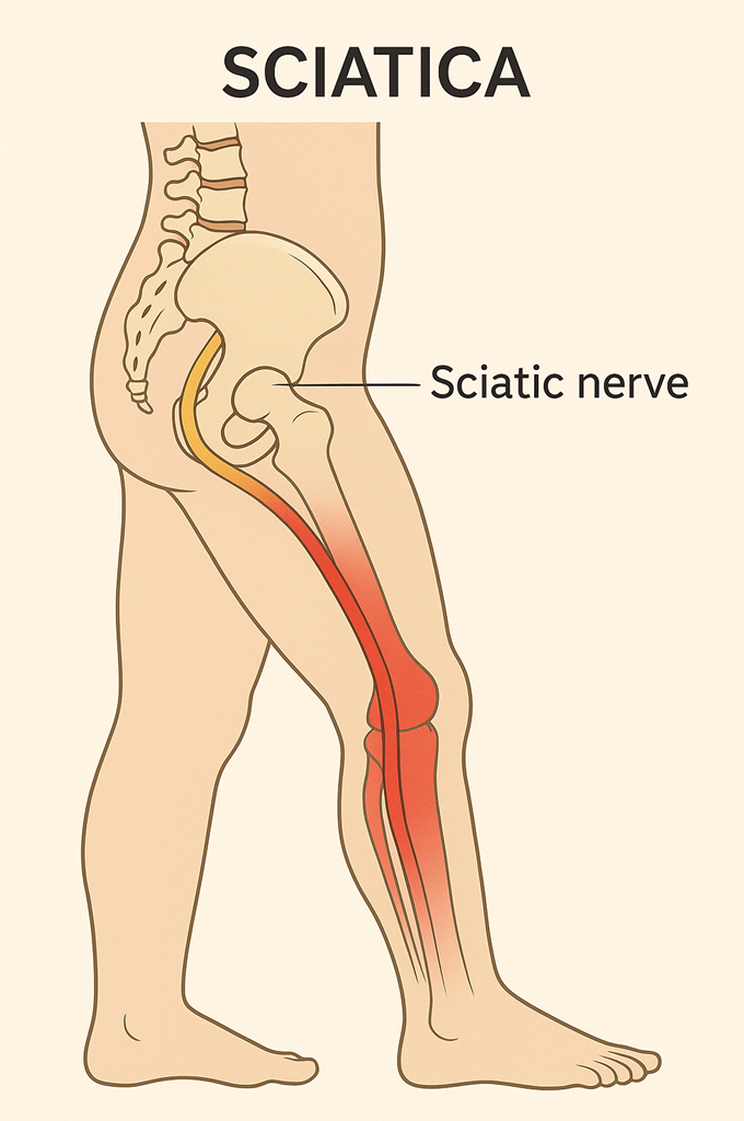 Illustration showing the sciatic nerve running from the lower back through the hip and down the leg, highlighting the typical area affected by sciatica.