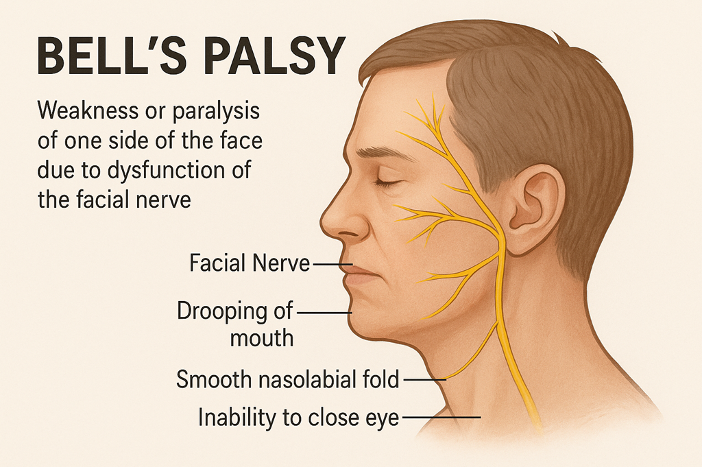 Illustration of a man's profile highlighting Bell's palsy symptoms with labels for facial nerve, drooping of mouth, smooth nasolabial fold, and inability to close eye.