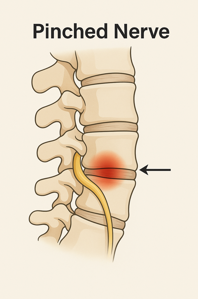 Diagram of a spinal vertebra with a pinched nerve highlighted in red, indicated by an arrow, showing nerve compression between vertebrae.