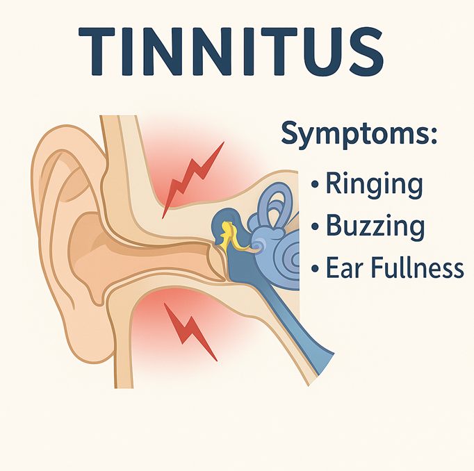 Illustration of an ear with red lightning bolts indicating tinnitus symptoms: ringing, buzzing, and ear fullness.